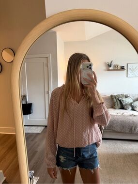 DR2 Blush Pink Polka Dot V-Neck Tie Blouse